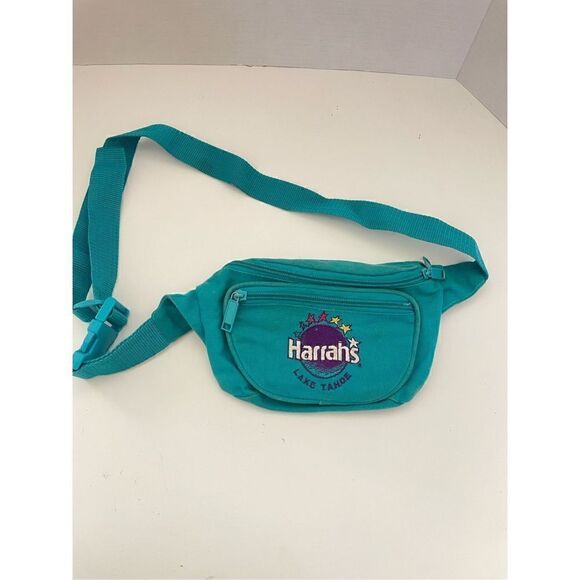 Vintage Harrah’s Lake Tahoe Fanny Pack Zip Closure Canvas Turquoise Canvas - Picture 1 of 6